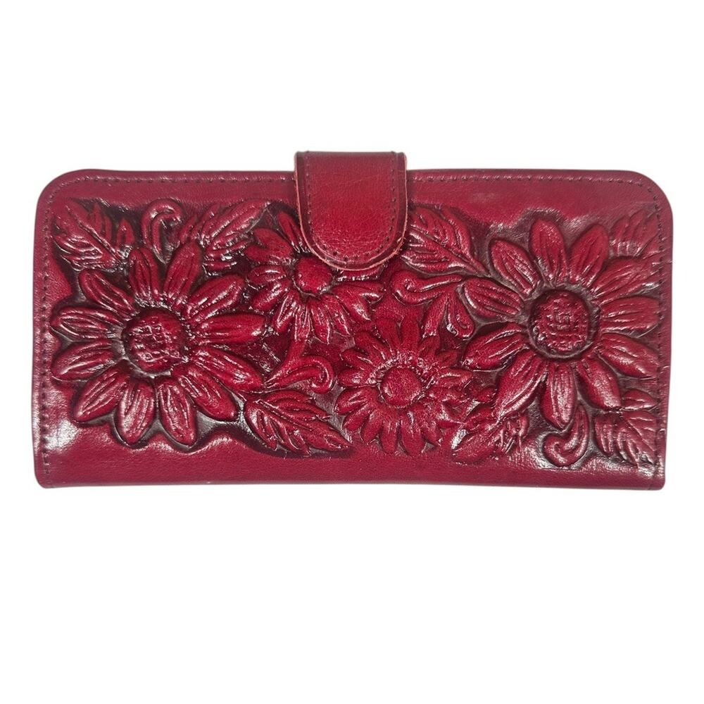 Vtg‎ Red Tooled Leather Sunflower Womens Embossed Clutch Wallet Mexico 8" x 4"